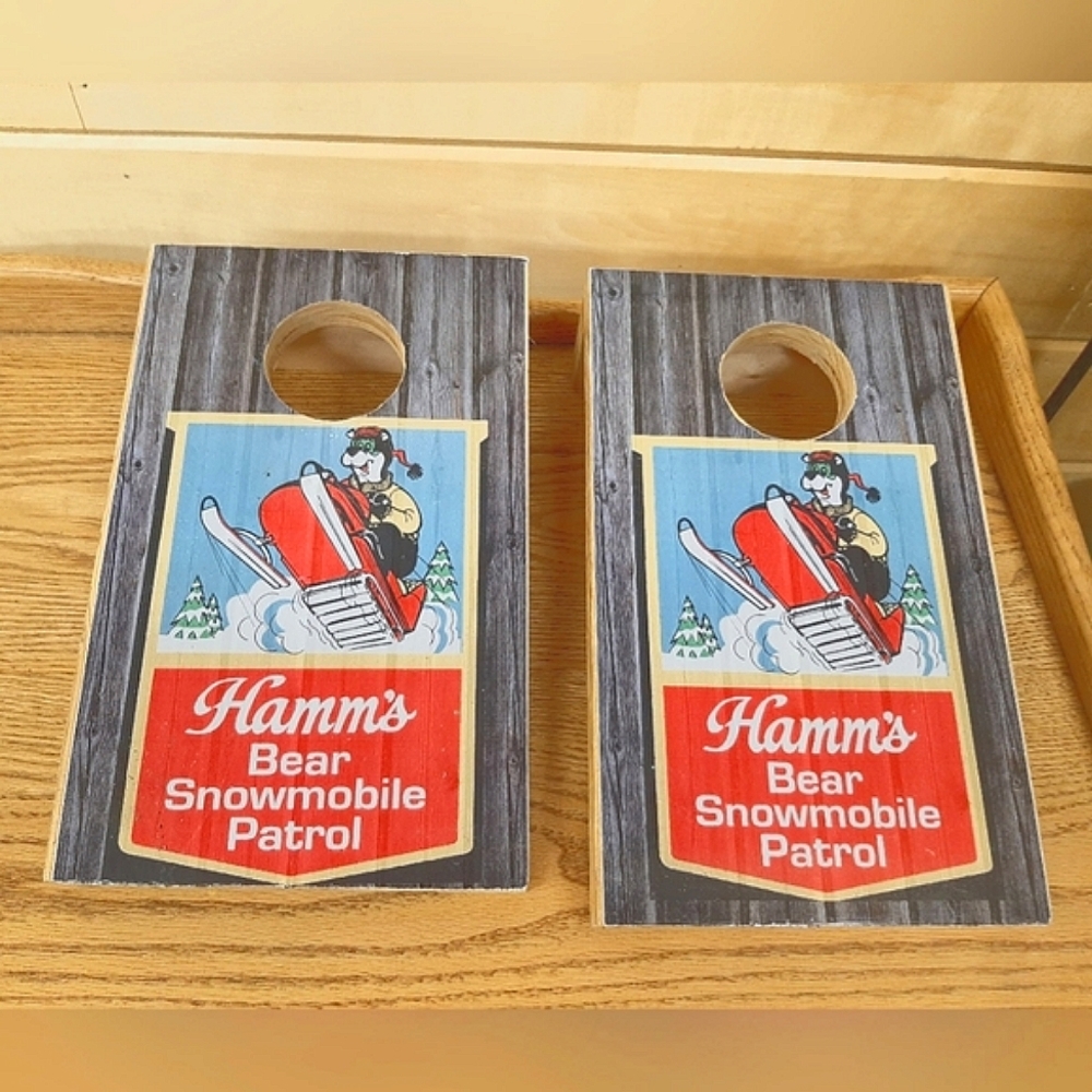 Small table top corn hole boards Hamms Beer.
